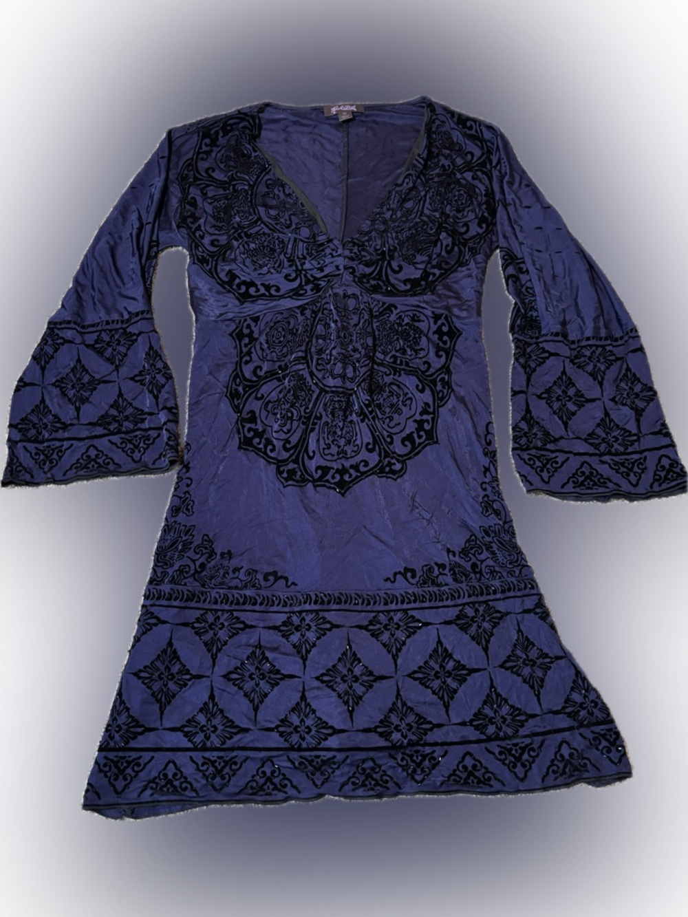 E81 Vtg Hale Bob Deep Indigo Dress with Lavender Logo, Size M